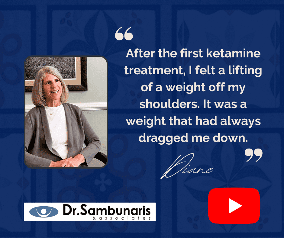 Smiling woman at left with a ketamine treatment testimonial signed Diane, plus Dr. Sambunaris logo and YouTube play icon.